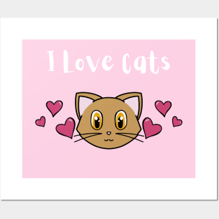 I Love Cats  Quote With Cute Cat And Pink Hearts Posters and Art